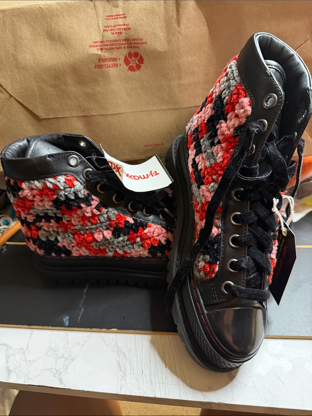 Casual Crochet Combat Boots in Black & Red -